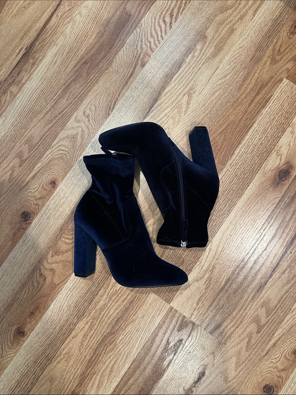 Steve Madden Navy Velvet Block Heel Ankle Boots